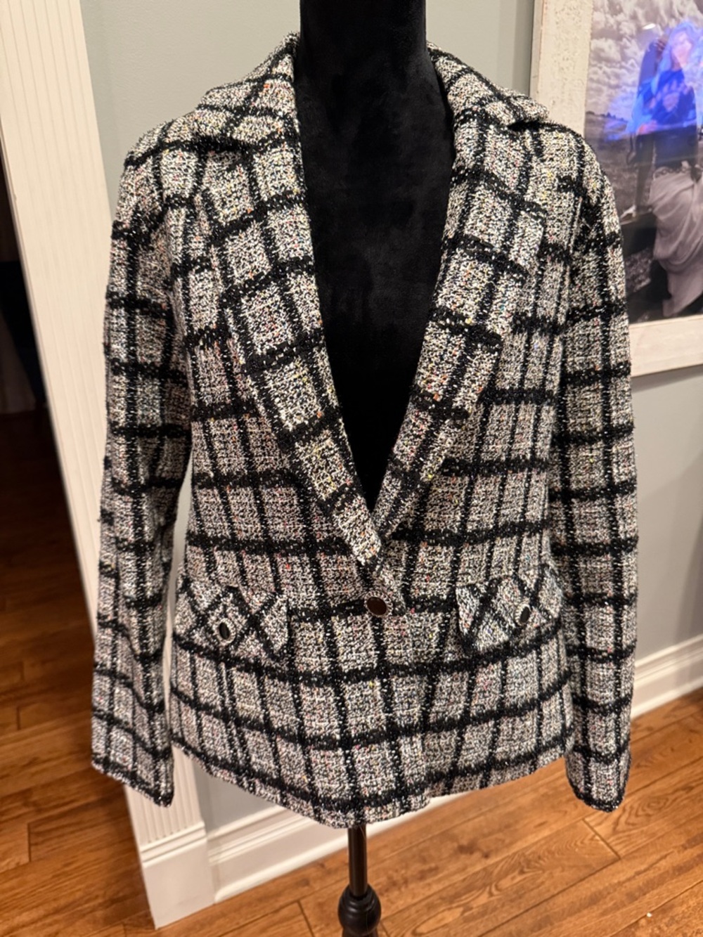 Bagatelle collection plaid patterned jacket.
